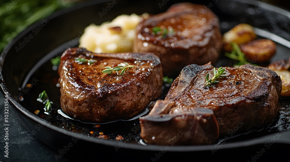 Juicy lamb chops in a cast iron skillet, accompanied by mashed potatoes, roasted garlic, and fresh herbs, all against a black marble background, highlighting gourmet elegance. Juicy lamb chops in a cast iron skillet, accompanied by mashed potatoes, roasted garlic, and fresh herbs, all against a black marble background, highlighting gourmet elegance.
