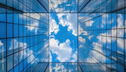 Reflective skyscrapers showcasing glass details and a blue sky with clouds