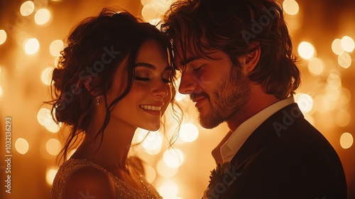 A newly married couple, embracing and smiling, with a background of blurry golden lights.