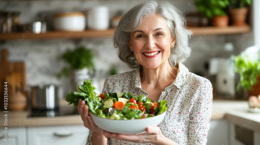 A cheerful older woman joyfully holds a fresh vegetable salad bowl in a bright kitchen, showcasing a vibrant and healthy lifestyle filled with nutritious ingredients. A cheerful older woman joyfully holds a fresh vegetable salad bowl in a bright kitchen, showcasing a vibrant and healthy lifestyle filled with nutritious ingredients.
