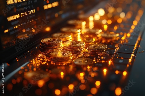 Golden Bitcoin cryptocurrency coins on a laptop keyboard with a stock market chart in the background, glowing with orange light.