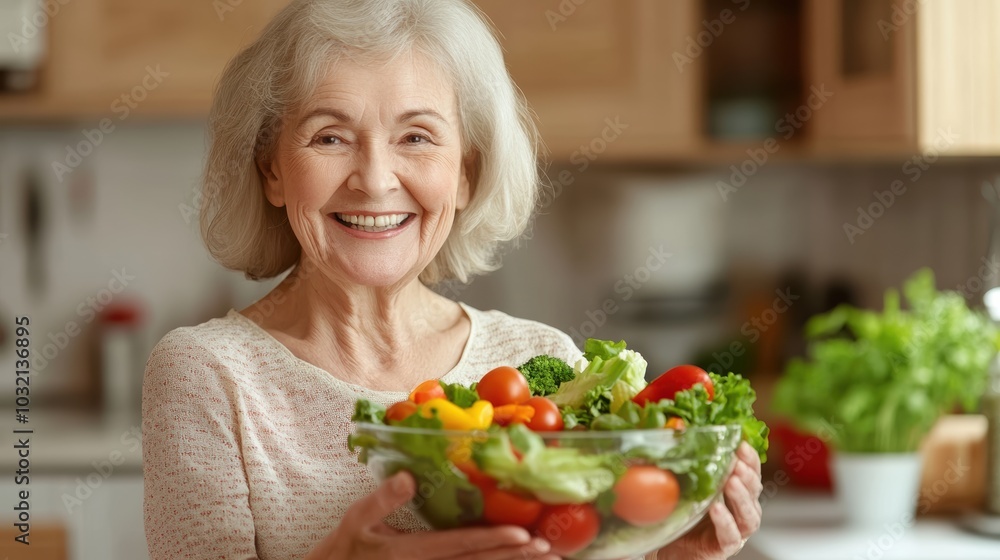 A cheerful aged woman smiles while holding a bowl of fresh vegetables in her kitchen. This image reflects healthy eating, joy, and the love of cooking for a wholesome lifestyle. A cheerful aged woman smiles while holding a bowl of fresh vegetables in her kitchen. This image reflects healthy eating, joy, and the love of cooking for a wholesome lifestyle.