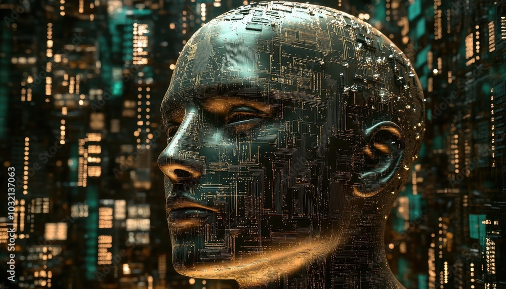 Human head with detailed circuit board design for AI representation Human head with detailed circuit board design for AI representation