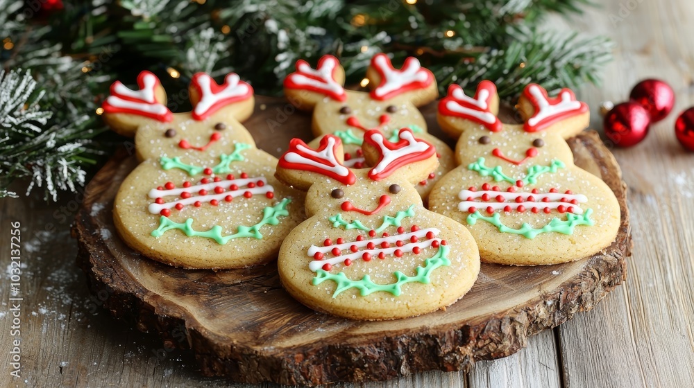 Festively decorated reindeer-shaped cookies arranged on a wooden platter, surrounded by holiday greenery and ornaments, perfect for Christmas celebrations. Festively decorated reindeer-shaped cookies arranged on a wooden platter, surrounded by holiday greenery and ornaments, perfect for Christmas celebrations.