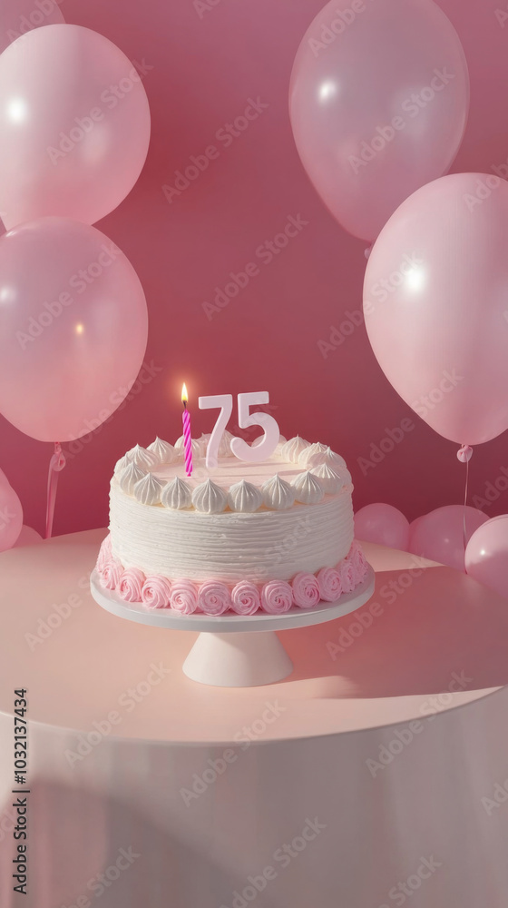 Birthday cake with candles for 75 years, balloons in pastel background Birthday cake with candles for 75 years, balloons in pastel background