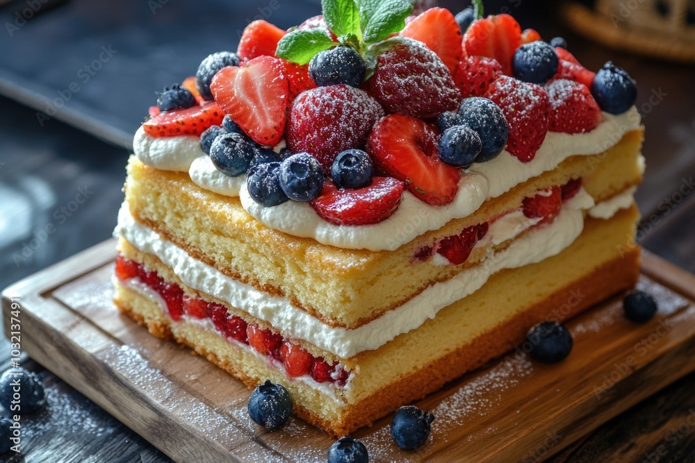 Fresh strawberry cake topped with juicy blueberries, great for breakfast or dessert Fresh strawberry cake topped with juicy blueberries, great for breakfast or dessert