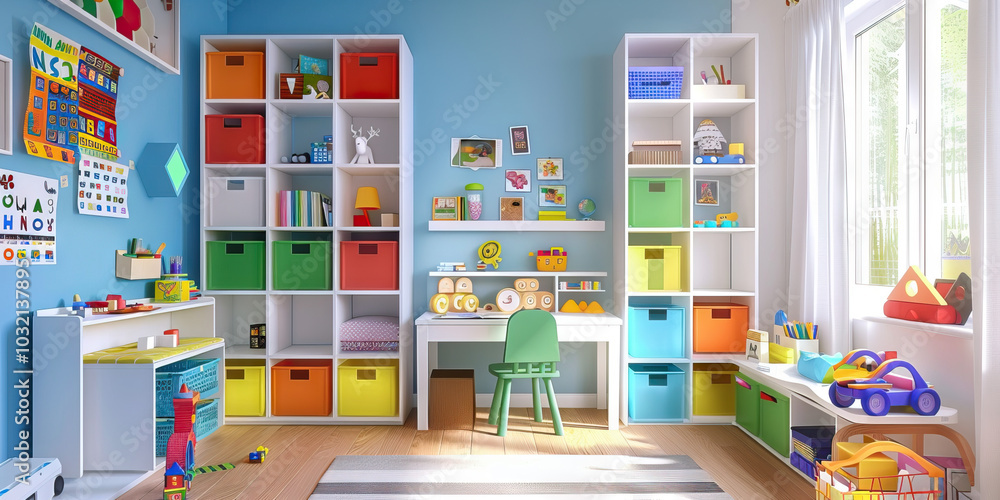 ADHD Support: A child's bedroom is organized with color-coded labels and storage solutions to improve focus and productivity. ADHD Support: A child's bedroom is organized with color-coded labels and storage solutions to improve focus and productivity.