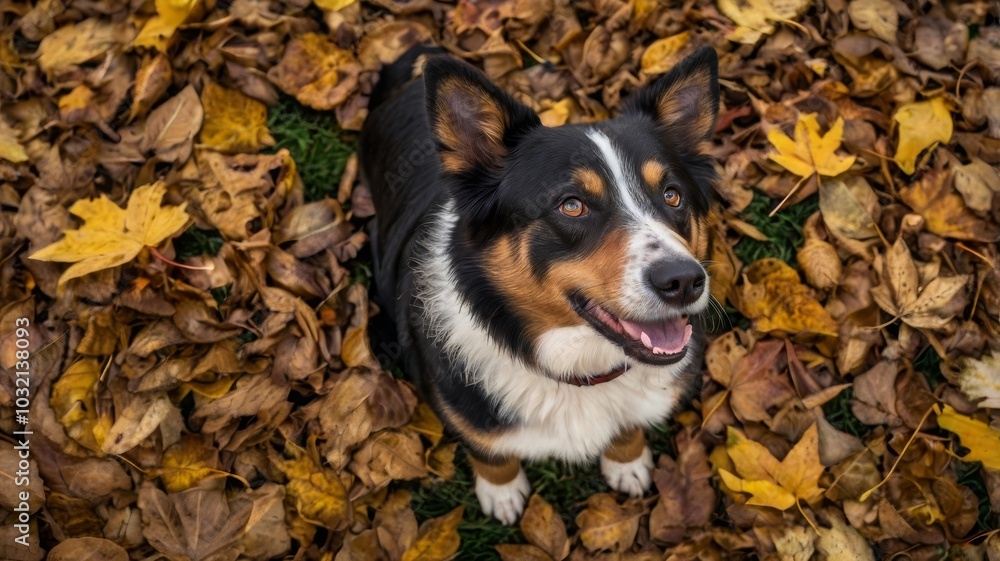 dog happy among scattered autumn leaves. view from above. Artificial intelligence generation dog happy among scattered autumn leaves. view from above. Artificial intelligence generation