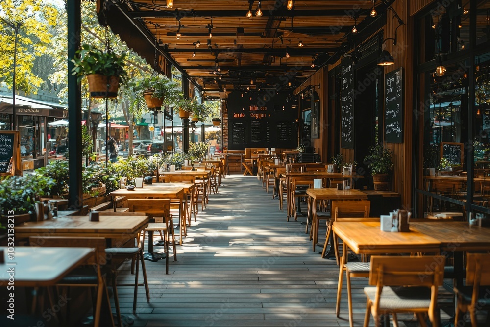 Empty Wooden Tables and Chairs at a Restaurant Patio Empty Wooden Tables and Chairs at a Restaurant Patio