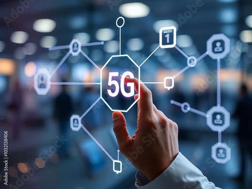 A hand is pointing to a 5G network on a screen