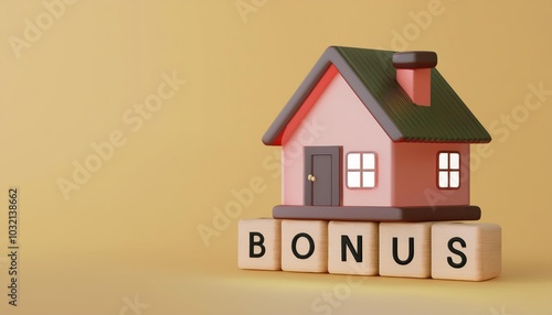 A miniature house model next to wooden blocks spelling 