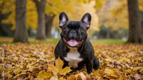 French bulldog among scattered autumn leaves. view. Artificial intelligence generation