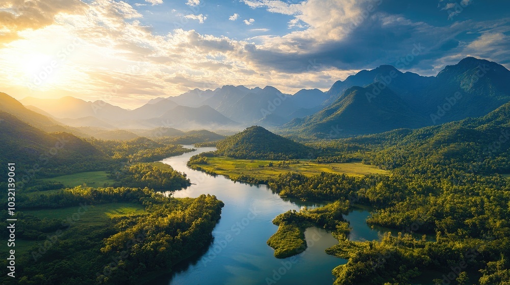 Fototapeta premium A breathtaking landscape of vibrant mountains, lush greenery, and a crystal-clear river under a radiant sky, creating a paradise-like atmosphere