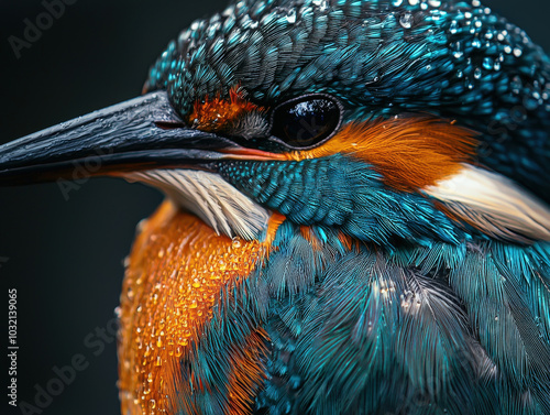 close up of vibrant kingfisher bird showcasing its intricate feathers and droplets of water, highlighting its stunning colors and details. image captures essence of natures beauty and birds elegance