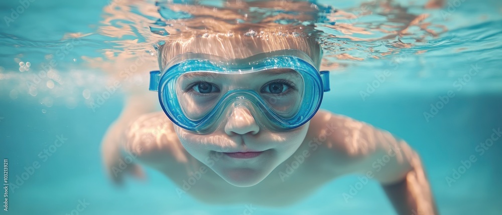 Naklejka premium A young child engaged in a swimming lesson underwater wearing goggles, showcasing a sense of joy and adventure in a clear blue pool environment.