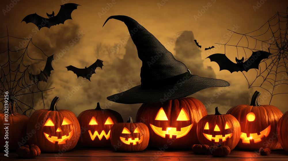 Spooky jack-o'-lanterns, witch's hat, bats. Eerie mist. Halloween stock photo. Spooky jack-o'-lanterns, witch's hat, bats. Eerie mist. Halloween stock photo.
