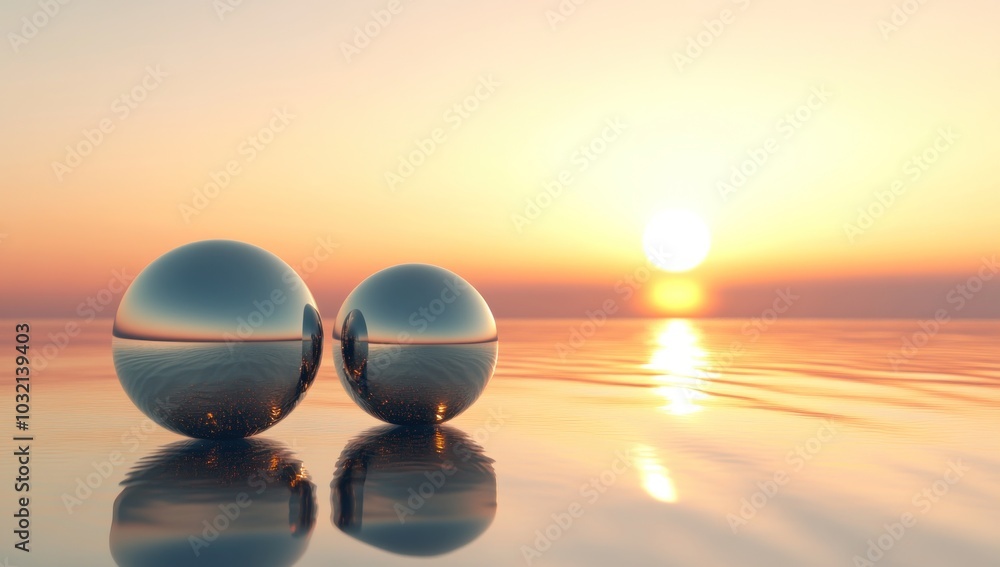 Two Metallic Spheres Reflecting Sunset Over Calm Water Two Metallic Spheres Reflecting Sunset Over Calm Water