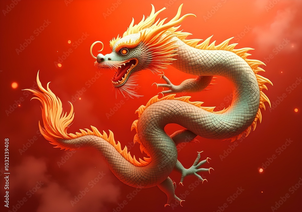 Obraz premium Chinese' Day with big Dragon, isolated on the red background, for China' Day, 