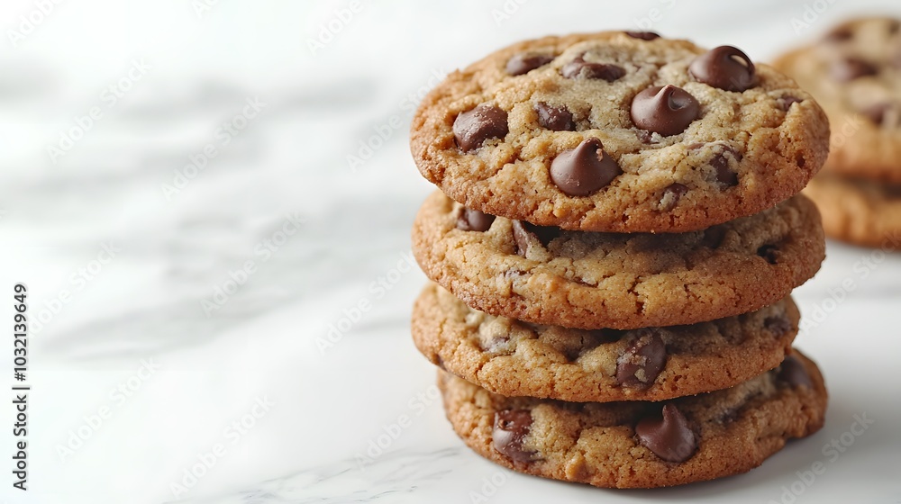 A tempting stack of chocolate chip cookies displayed on a white marble table, highlighted by soft lighting and gourmet food styling, showcasing their delicious texture. A tempting stack of chocolate chip cookies displayed on a white marble table, highlighted by soft lighting and gourmet food styling, showcasing their delicious texture.