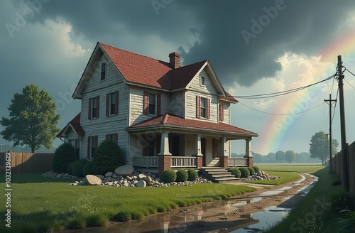 tornado wrecking dorothys house with rainbow in background  photo