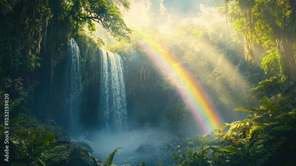 A magical view of a rainbow stretching across a misty waterfall in a lush forest, capturing the extraordinary beauty of nature A magical view of a rainbow stretching across a misty waterfall in a lush forest, capturing the extraordinary beauty of nature
