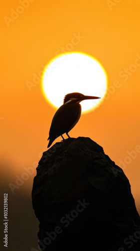 majestic kingfisher silhouette perched on rock against glowing sunset, creating serene and tranquil atmosphere. vibrant colors of sky enhance beauty of this moment