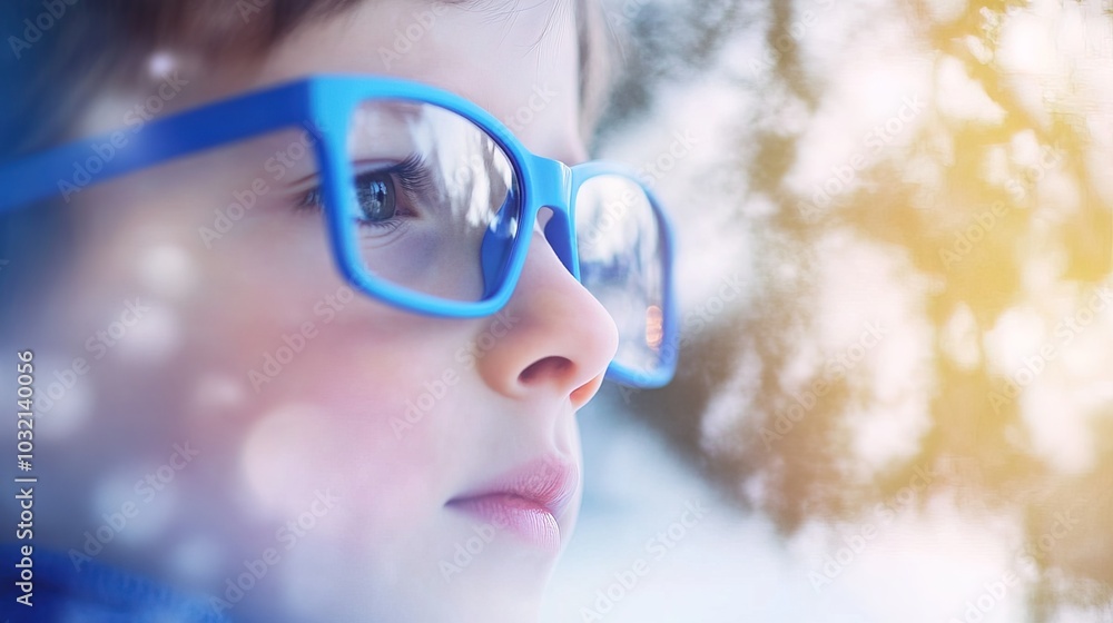 Young child wearing blue glasses focusing on distant tree outside window, symbolizing myopia prevention and importance of outdoor activities.