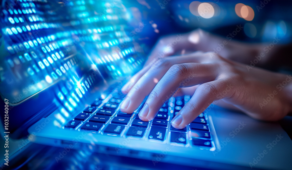 Hands Typing on Illuminated Keyboard with Digital Data in Blue Technology Environment Hands Typing on Illuminated Keyboard with Digital Data in Blue Technology Environment