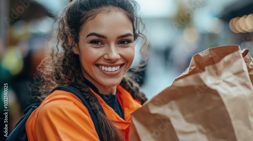 Smiling Person with Grocery Delivery in Close-Up View