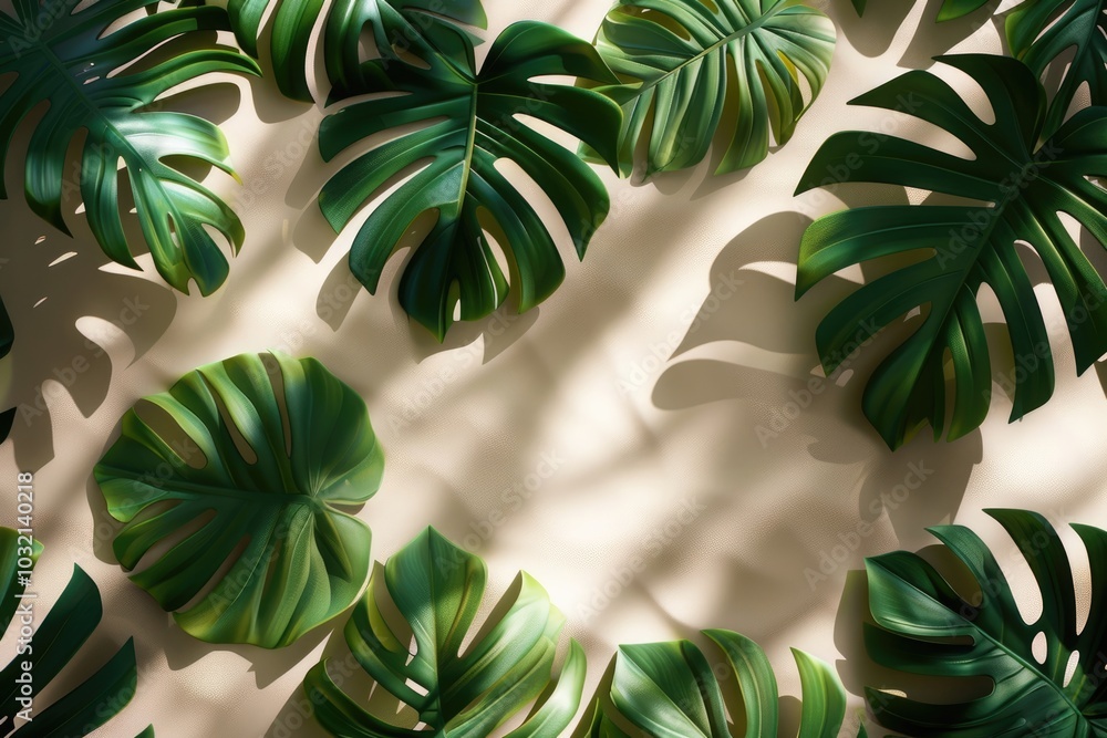 Minimal nature pattern with sand background and monstera leaves. Minimal nature pattern with sand background and monstera leaves.