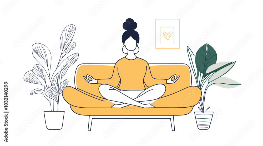 Obraz premium vector drawing girl sitting in lotus position on sofa flat style .Generative AI