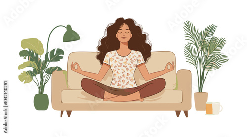 vector drawing girl sitting in lotus position on sofa flat style .Generative AI