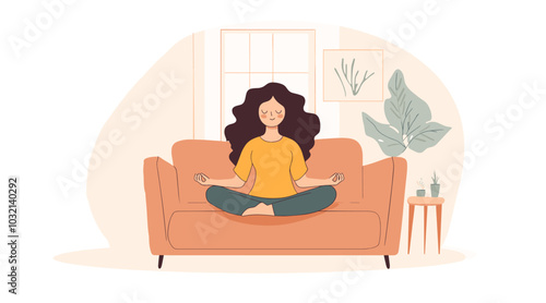 vector drawing girl sitting in lotus position on sofa flat style .Generative AI