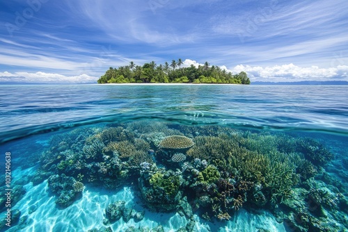 Underwater scene of a coral reef with a small island in the background, suitable for use in travel or nature documentaries