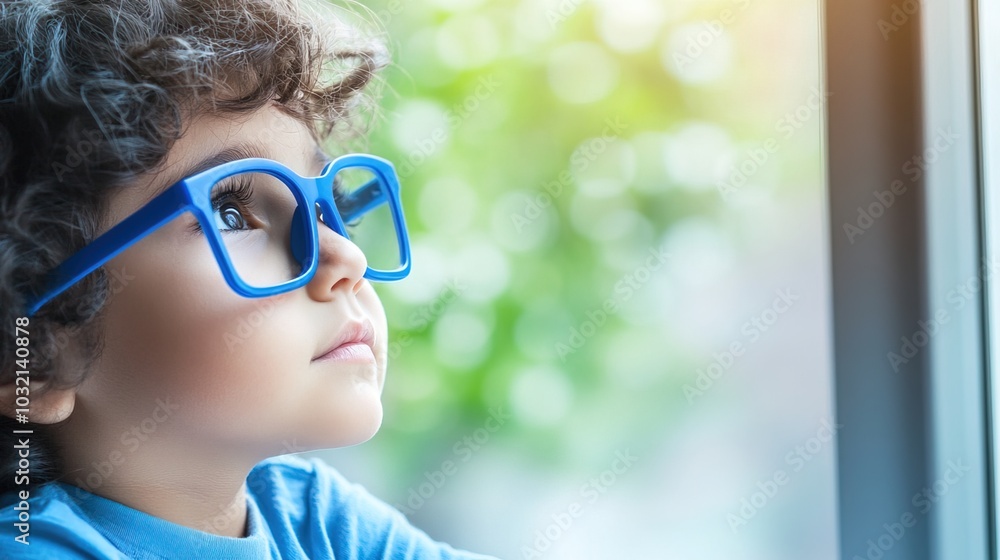 Young child wearing blue glasses focusing on distant tree outside window, symbolizing myopia prevention and importance of outdoor activities. Young child wearing blue glasses focusing on distant tree outside window, symbolizing myopia prevention and importance of outdoor activities.
