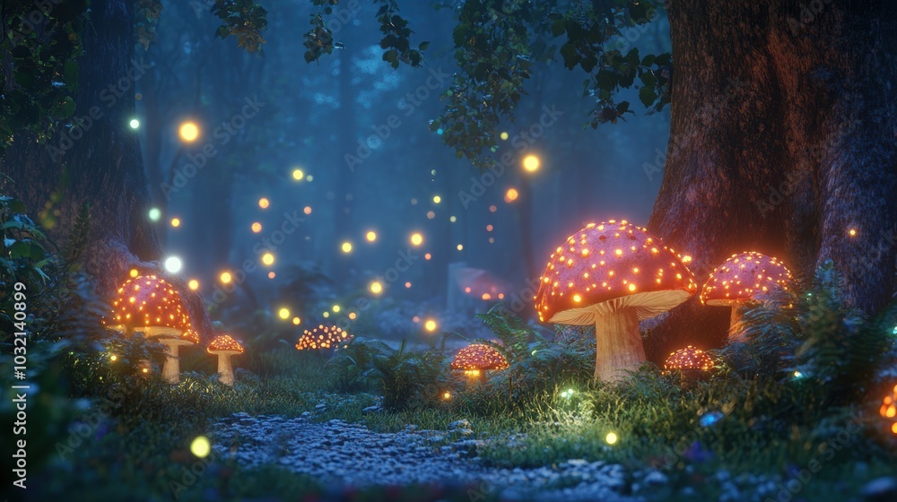 Fototapeta premium Enchanted forest with glowing mushrooms and fireflies.