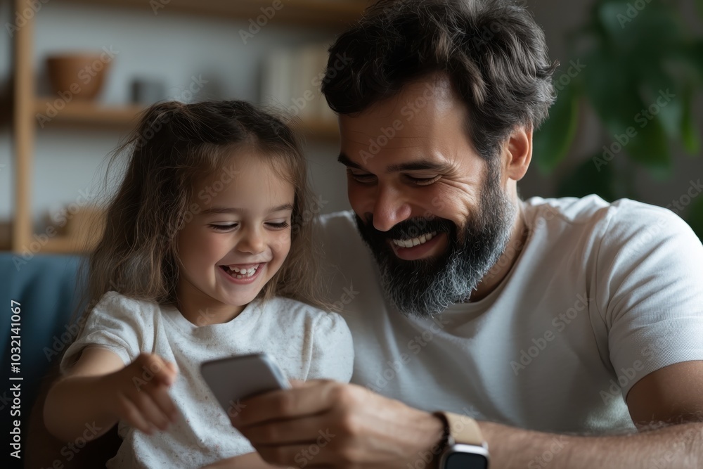 A smiling father with a beard laughs with his young daughter as they look at something on a smartphone, sharing a joyful moment in a warm room setting. A smiling father with a beard laughs with his young daughter as they look at something on a smartphone, sharing a joyful moment in a warm room setting.