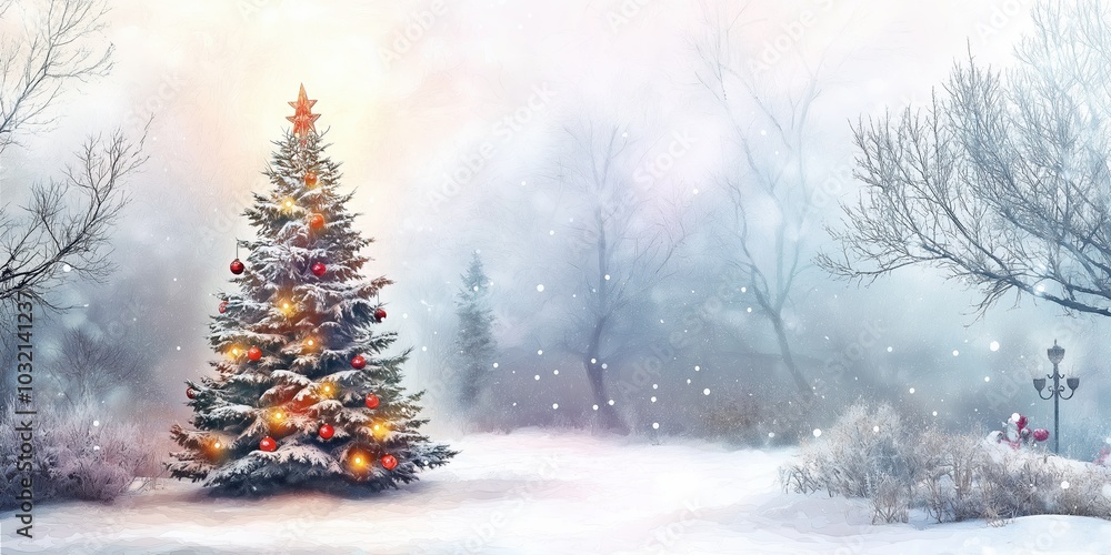 Fototapeta premium A Christmas tree is lit up with lights and ornaments. The scene is set in a snowy forest, with a path leading to the tree. Scene is festive and cozy