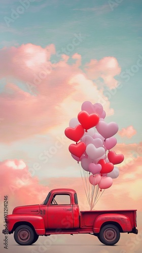 Cruising through a dreamy pink sky, a vintage red pickup truck is loaded with heart-shaped balloons, creating a whimsical and magical scene perfect for celebrating love and romance