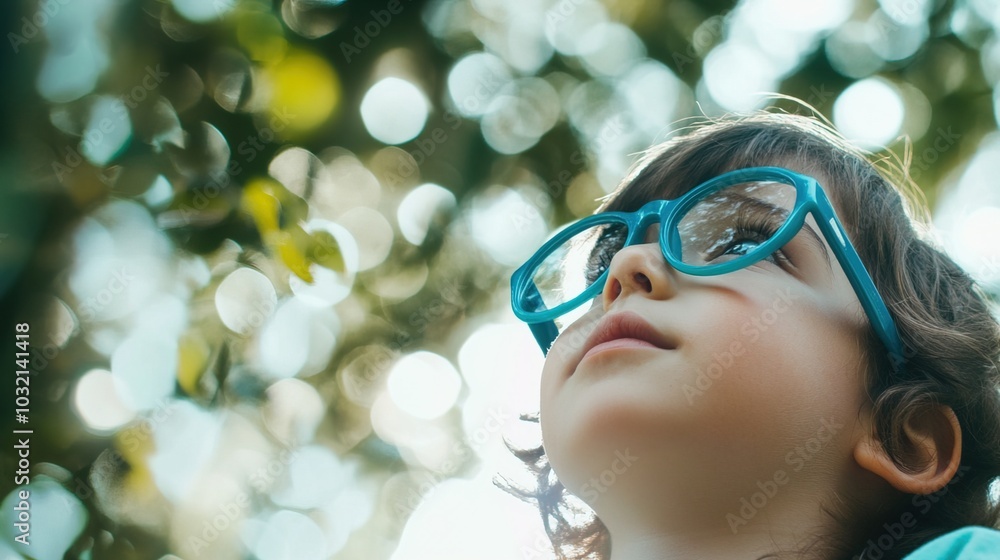 Young child wearing blue glasses focusing on distant tree outside window, symbolizing myopia prevention and importance of outdoor activities. Young child wearing blue glasses focusing on distant tree outside window, symbolizing myopia prevention and importance of outdoor activities.