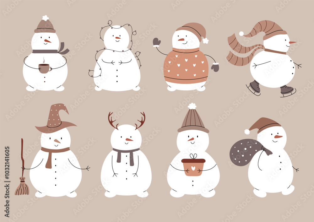 Set of cute snowmen in hat, sweater, with gift, broom, garland, on skates, coffee, deer antlers. Hand drawn flat vector illustration in beige palette Set of cute snowmen in hat, sweater, with gift, broom, garland, on skates, coffee, deer antlers. Hand drawn flat vector illustration in beige palette