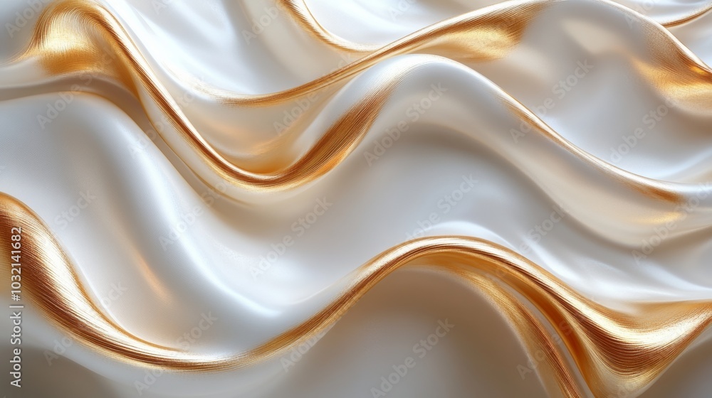 Fototapeta premium Abstract background featuring white fabric with gold accents flowing in smooth waves, creating a luxurious and elegant visual