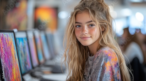 A young woman with long blonde hair sits in front of a computer in a classroom, smiling and looking at the camera.