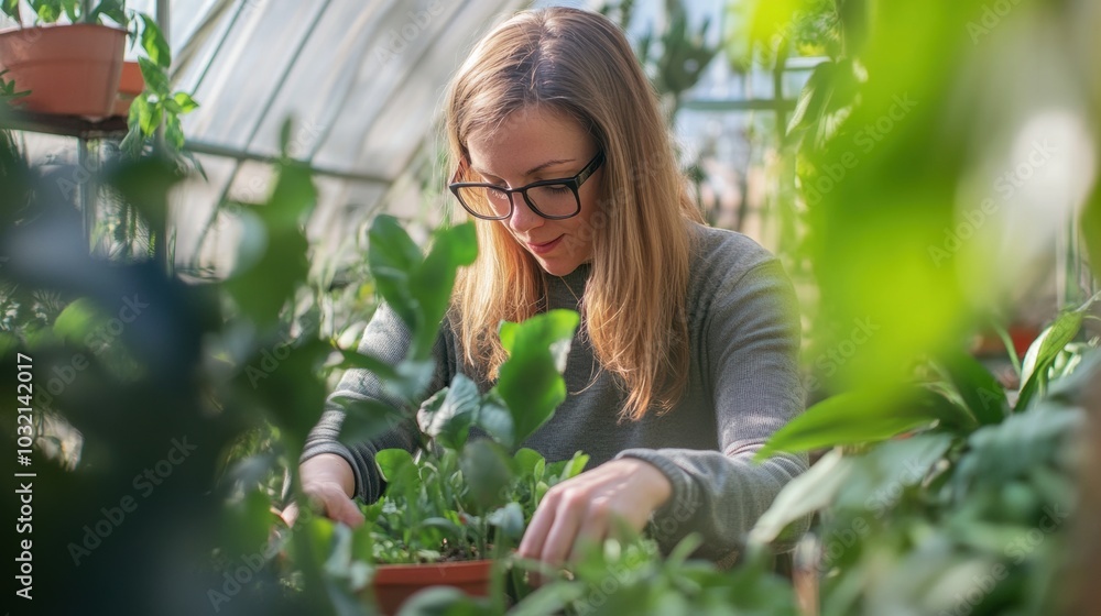 Young woman tending to plants in a greenhouse during daylight hours Young woman tending to plants in a greenhouse during daylight hours
