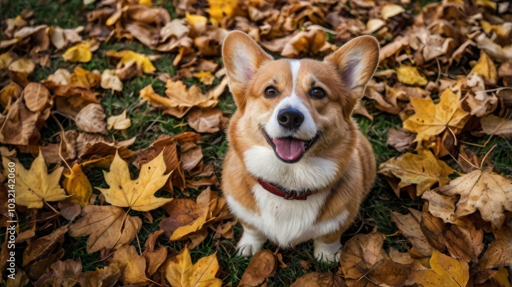 Corgi dog among scattered autumn leaves. Top view. Artificial intelligence generation Corgi dog among scattered autumn leaves. Top view. Artificial intelligence generation