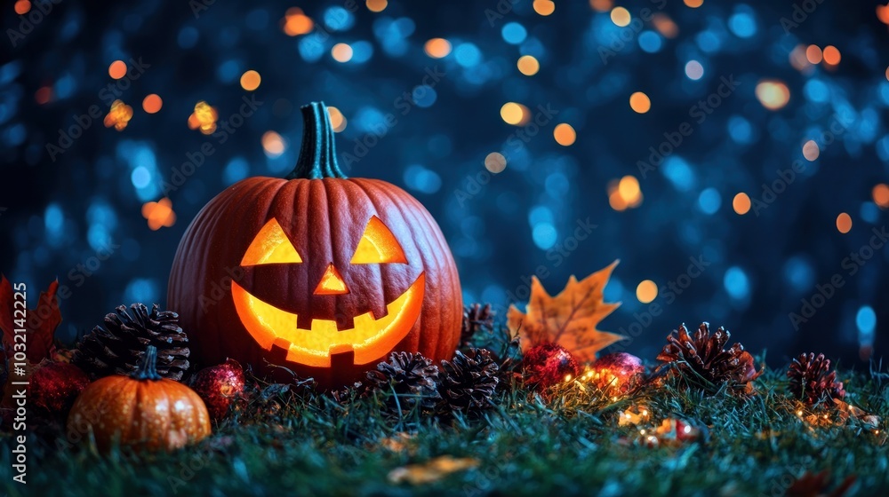 Lit Jack-o'-Lantern with a Grinning Face in the Grass with Autumn Decorations Lit Jack-o'-Lantern with a Grinning Face in the Grass with Autumn Decorations