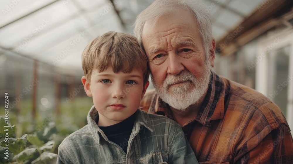 Grandfather and grandson share a meaningful moment in a greenhouse Grandfather and grandson share a meaningful moment in a greenhouse