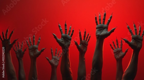 Scary hands reaching for the sky on a red background, halloween theme.