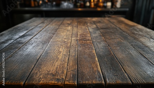 Rustic wooden table in an empty vintage pub with dark wood counter at night