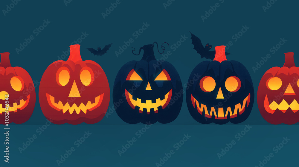 Eerie Jack-o'-lanterns, glowing softly in the dark, whimsical flat design, capturing the spooky essence of Halloween with playful charm and vibrant colors Eerie Jack-o'-lanterns, glowing softly in the dark, whimsical flat design, capturing the spooky essence of Halloween with playful charm and vibrant colors
